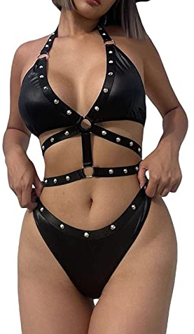 Disfraz de vaquera para mujer, bikini de cuero, sexy, disfraz de diablo, lencería con tachuelas, traje de baño de cintura alta de 2 piezas, Negro, M