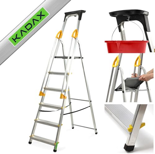 KADAX Aluleiter, Stehleiter mit Handlauf, Trittleiter belastbar bis 150kg, Leiter in 3 Versionen, klappbare Haushaltsleiter mit Fach für Pinsel und Antirutsch-Füßen (6 Stufen)