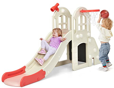 COSTWAY Gran Tobogán Infantil 6 en 1, Juego Infantil con Cesta, Pelota, Lanzamiento de Anillas y Telescopio, Parque Infantil de Interior y Exterior para Niños y Niñas (Rosa)