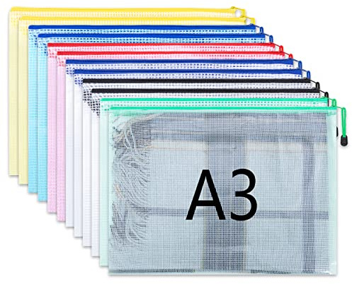 Plastic Wallets 12 Pcs A3 Zip Lock Bags Document Wallet Document Folders Plastic Pockets with Zipper for School Office Homework Travel Storage Bags