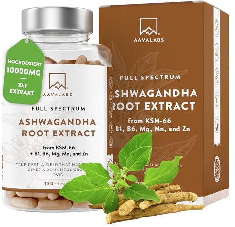 Ashwagandha KSM-66 10000mg [10:1 Extrakt] 5% Withanolide | mit Magnesium, Zink, Vitamin B1, B6, Mangan und Pfeffer Bio Ashwagandha Kapseln Hochdosiert Vegan - 120 Kapseln
