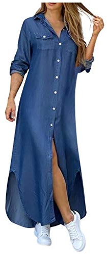 Générique Robe Été Femme De Plage Rétro Denim Robes Col V Casual Tuniques Ample Chemise Longue Chemisier en Jean Maxi Robe (Bleu, XL)