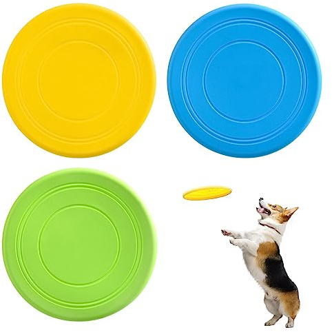 TSHAOUN Lot de 3 Frisbee pour Chien - Disque Volant pour Chien - Soucoupe Volante en Caoutchouc Naturel Souple - pour s'amuser en extérieur - 17,8 cm(Jaune, Vert, Bleu)