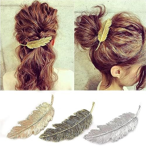3Pcs Retro Horquilla Pelo Tocado Lado Clip Pin de Aleación De Plumas Hojas Pasador Garra Accesorios Barrettes (Dorado + Plata + Bronce)