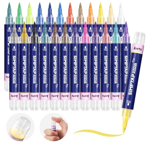Arrtx Acrylstifte für Steine Bemalen, 24 Farben Simptap Top Valve Action Acrylmarker, Pinselspitze Acrylfarbstiften, wasserbasierte Farbmarkierungen für Steine, Glas, Holz, Metall,Ostereier