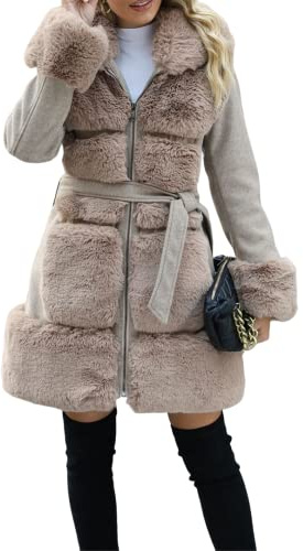 Giolshon Trench Longue Ceinturé pour Femme épaissir Polaire Parka Simili Cuir et Fausse Laine Mélangée Outwear