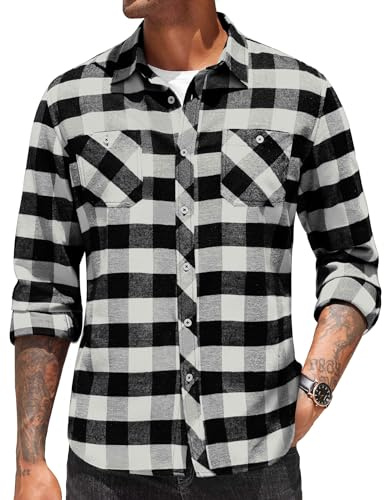 COOFANDY Camisas de Hombre Manga Larga Camisa Cuadros Checked Shirt Camisa de Leñador Camisa Casual Camisa de Algodón Camisa de Trabajo Camisa Comoda Blanco & Negro S