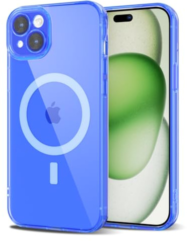 Svanove for iPhone 15 Case Clear Compatible with Magsafe, Fluorescent Transparent Magnetic Magnet Mag Case, Slim Thin Bright Silicone Grip & Shockproof Bumper Camera Cover, Neon Blue