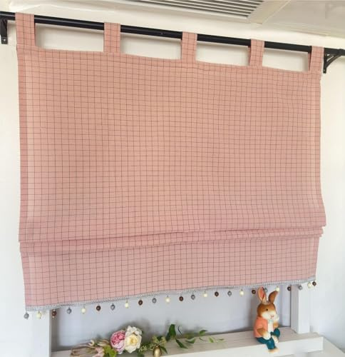 Vordesack Blickdichter Raffrollo mit Karo-Muster Landhausstil Gardinen mit Quasten-Kante Raffgardine mit Schlaufen Wohnzimmer Gardinenschal Küche 1 Stück Pink HxB 140x90cm