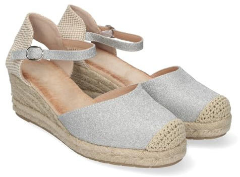 shoes&blues.es 85201 Sandalia de Cuna para Mujer, Forrado de Yute, Pala Cerrada, y Cierre de Hebilla, Primavera Verano Plata Talla 38