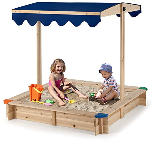 GYMAX Sabbiera per Bambini con Tetto Regolabile, Sandpit Giochi all'Aperto in Legno di 121 x 121 cm, Aiuola per Giocare con Tetto UV-Resistente e Design a Fondo Aperto per Giardino e Spiaggia