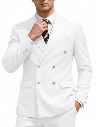 Coofandy Men's 2 Piece Double Breasted Suits Slim Fit Tuxedo Jacket and Dress Pants Set for Wedding Business Prom, White, 38