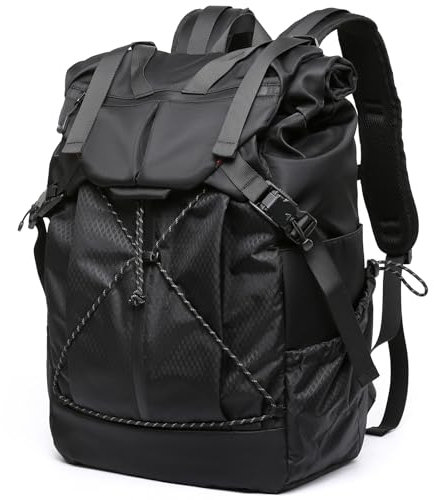 MATE ELAN Rolltop Rucksack 25L,Großer Rucksack Wasserdichter,Reiserucksack Canvas Damen Herren,Laptop Rucksack mit 17,3 Zoll,Backpack Travel Schwarz,Rolltop Lässiger Backpack für Reise,Wandern