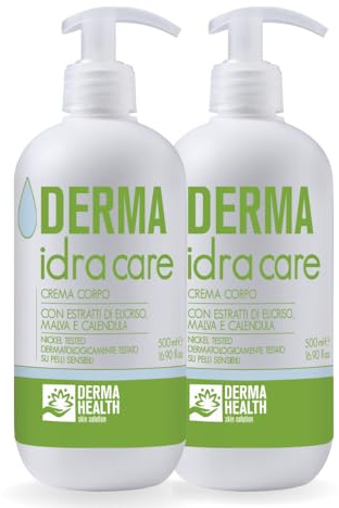 Derma Health Derma Idra Care Feuchtigkeitscreme für den Körper mit leichter Textur, leicht einziehend, weichmachend, schützend, beruhigend, repitelisierend, empfindliche Haut – 500 ml – x2