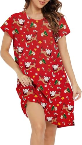 Zando Nighties for Women Cotton Blend Nightdress Short Sleeve Sleep Tee Ladies Summer Loungewear, Father Christmas, M