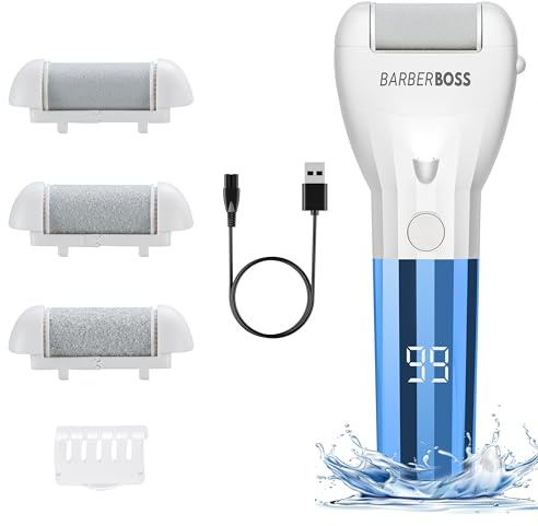 BarberBoss Removedor de callos recargable, herramienta eléctrica de pedicura para pies, kit de eliminación de piel dura y piel muerta, dispositivo de rodillo de cuidado de pies, kit completo de aseo