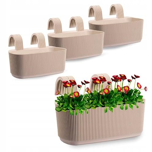 OMAGO® Set di fioriere in plastica per balcone, eleganti vasi da balcone per fiori ed erbe aromatiche, per balconi e terrazze, set di 3 pezzi, colore beige