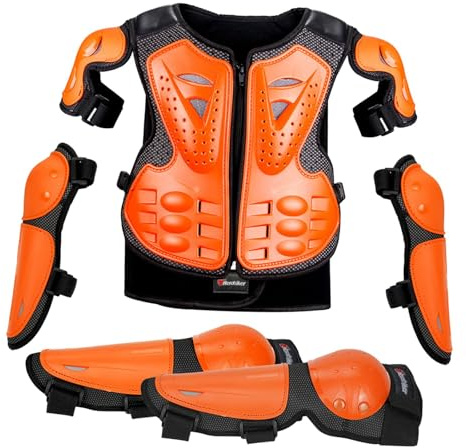 MotiveTech Traje de Moto para Niño Motocross con Protección Completa, Chaleco de Motocross con Rodilleras y Coderas Chaqueta de Protección para la Columna Vertebral y el Pecho Ajustable para 4-14 Años