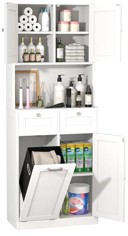 GoaHi Tall Bathroom Cabinet with 4 Doors, Slim Storage Unit with Removable Laundry Basket, Freestanding Floor Cabinet, 2 Adjustable Shelves, 2 Drawers, Modern Farmhouse, White