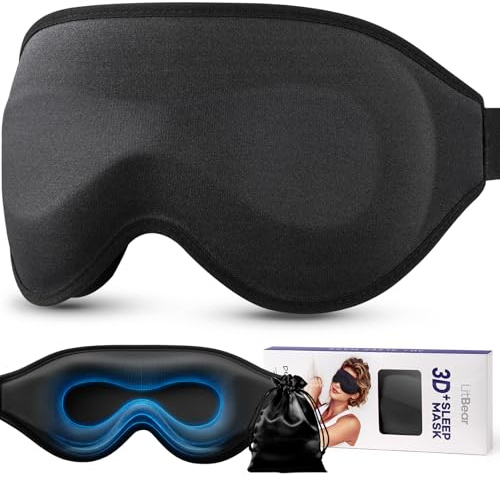 LitBear Maschera per Dormire 3D per Chi Dorme su un Fianco, Donna e Uomo, Mascherina per Dormire con Oscuramento Totale al 100%, Coppe Oculari Extra Profonde, Traspirante, con Fascia Regolabile, Nera