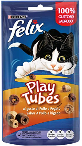 Purina Felix Play Tubes, Snack, Premio para Gato con Pollo e Hígado, 8 Bolsas de 50g
