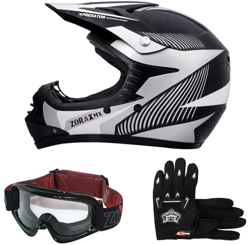 Zorax ZOR-X19 Youth Motocross Helmet & Gloves & Goggles | White S (49-50cm) - Gloves S(5cm) Junior Dirt Bike Off Road Motorcycle Crash Helmet ECE 2206