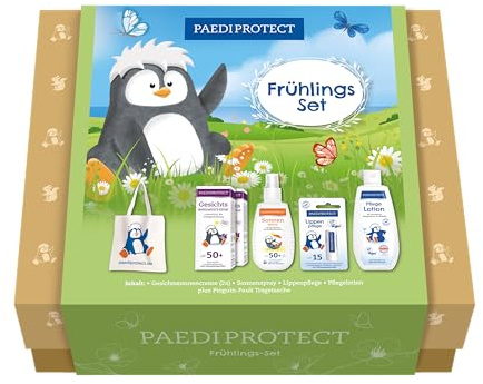 PAEDIPROTECT Vårset 5 baby- och barnsolskydd SPF 50 & hudvårdsprodukter, inkl. 2 x ansiktssolkräm, 1 x solspray, 1 x vårdlotion och 1 x läppvård, veganskt vårdset, presentset