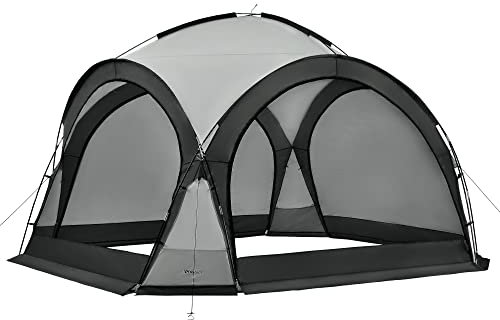 pro.tec Tonnelle de Camping à Éclairage Guirlande Lumineuse 96 LED Tente Imperméable Moustiquaires Pavillon Jardin Panneaux Latéraux Amovibles Polyester 345 x 345 x 247 cm Gris Foncé Gris Clair