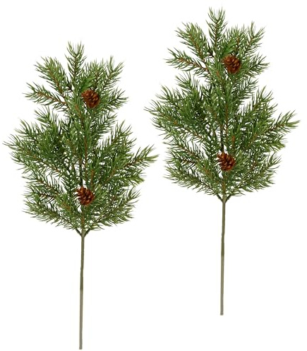 Künstlicher Tannenzweig mit Zapfen Kunstzweig Dekozweig Tannengrün Koniferen Deko Weihnachtsdeko Stiel Kunstzweig Gesteck Kränze Kranz Adventskranz Girlande AST Zweig Weihnachten Dekoration, 2er Set