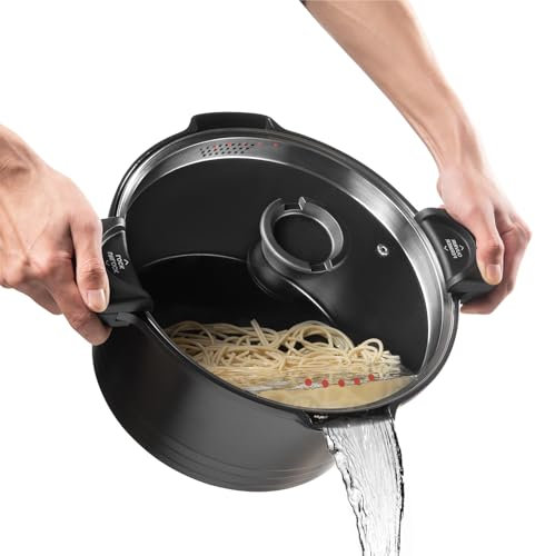 ROSSETTO Nudeltopf mit Siebeinsatz Kochtopf 24 cm Induktion mit Siebdeckel Spargeltopf Spaghettitopf Pastatopf 4.5 Liter Suppentopf, Aluguss keramikantihaftbeschichtet, schwarz