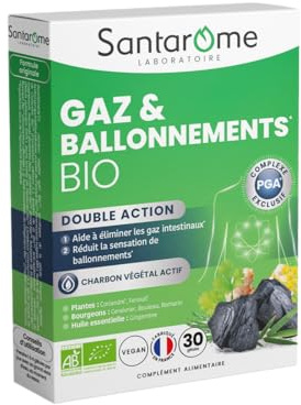 SANTAROME - Gaz & Ballonnements Bio – Charbon végétal actif – Confort digestif et intestinal – Plantes et bourgeons bio – 30 gélules – Fabriqué en France