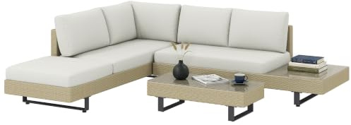 Outsunny Conjunto de Muebles Ratán de 3 Piezas Mesa de Centro Sofá Doble y Sofá de 3 Plazas con Cojines Extraíbles para Exterior Jardín Terraza Patio Acero Beige
