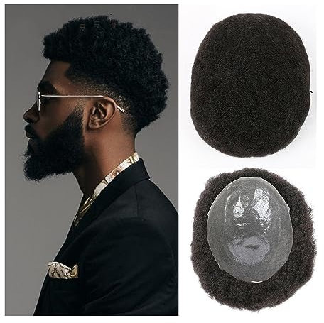 Pelucas para Hombre Afro Toupee for hombres Full Thin Skin PU Base Piezas de cabello Pelucas de cabello humano 8x10 pulgadas Prótesis de cabello masculino 6 mm Kinky Curly Hair Men's Toupee para uso d