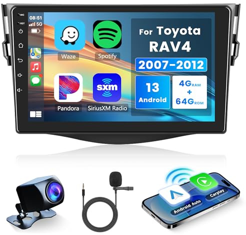 4G + 64G trådlös Carplay Android 13 bilradio 2 Din för Toyota RAV4 2007–2012 med trådlös Android bilnavigator GPS WiFi 9 tums bilradio med spegellänk Bluetooth FM/RDS/DAB/DVR/32 EQ/SWC backkamera