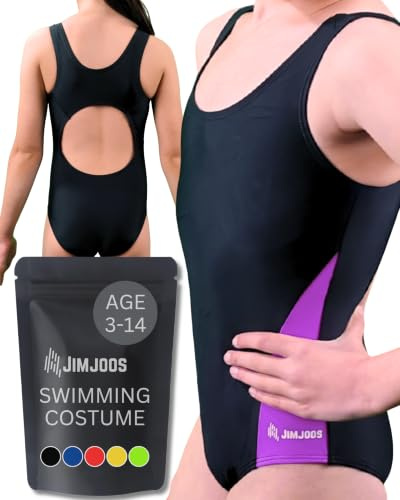 JIMJOOS 3-14 Years One Piece Girls Swimming Costume - Non See Through Kids Swimsuit - Quick Dry Racerback Children Swimwear Ideal for Swimming, Beach and Water Sports Activities (7-8 Years, Purple)