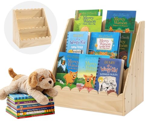 BALAPET Kids Bookshelf for Toddlers, 3-Tier Scalloped Wooden Bookcase, Durable Montessori Front Facing Book Shelf Organizer for Nursery & Classroom(Wooden,16.5 * 16.5 * 10.6in)