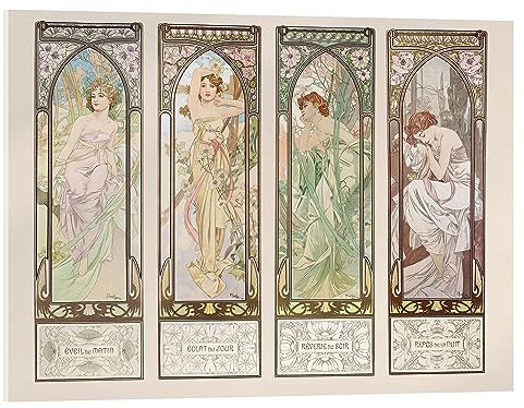 Posterlounge Les heures du jour I Tableau en verre acrylique de Alfons Mucha 18 x 13 cm Beige Tableaux Décoration murale