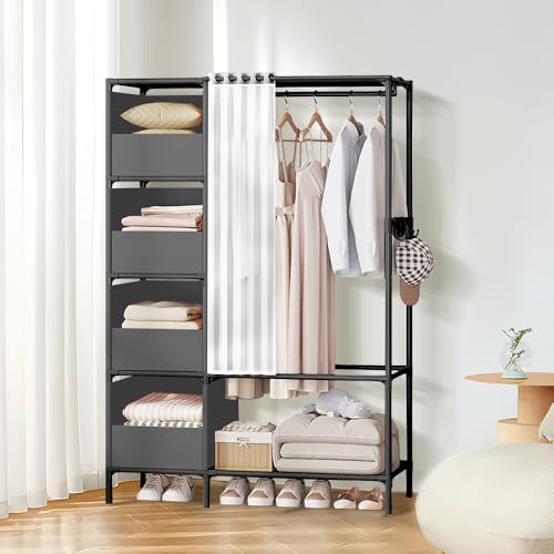 Heavy Duty Clothes Rail, Black Metal Rack, Coat Rack with Clothes Rails, 4 Storage Basket Shelves & 4 Coat Hooks, Cloakroom Wardrobe, Freestanding Rails For Bedroom, Office, Shop, 105 x 45 x 170 cm
