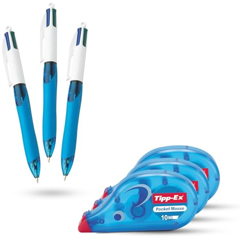 BIC - Juego de 3 bolígrafos con 4 colores de tinta y punta mediana de 1,0 mm, incluye cinta correctora Tipp-Ex Pocket Mouse con cinta de secado instantáneo de 10 m para una escritura suave y