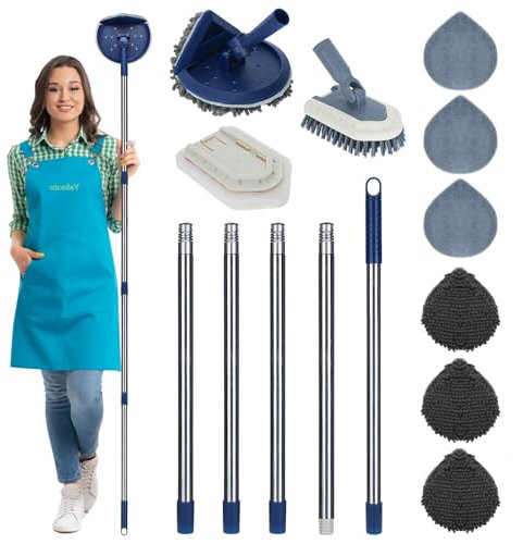 85 Mopa Triangular de Mango Largo, Herramienta de Limpieza de Zócalos Plegable en 180º, Limpiapolvo de Cristales Retráctil con 8 Accesorios Lavables para la Limpieza de Suelos, Paredes y Ventanas.