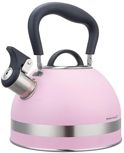 Kinghoff Wasserkessel 1.8L aus Edelstahl, Pfeifkessel Induktion, klein Flötenkessel, Teekessel mit Einklappgriff, Wasserkocher für alle Kochplatten, Kessel matt rosa KH-1856