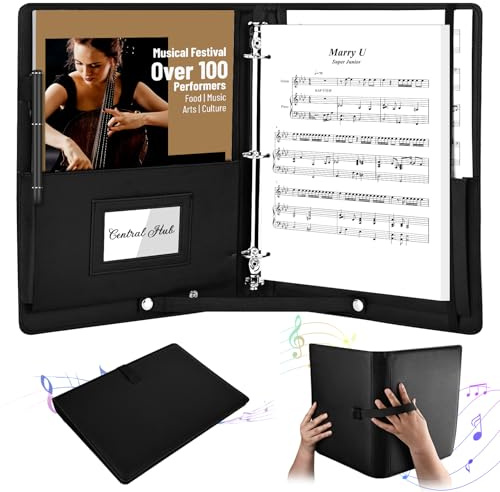 bssmmai Carpeta coral negra para cantante, carpeta de partituras de PU, A4, piano, con correa de mano y soporte para bolígrafo, capacidad para 200 hojas