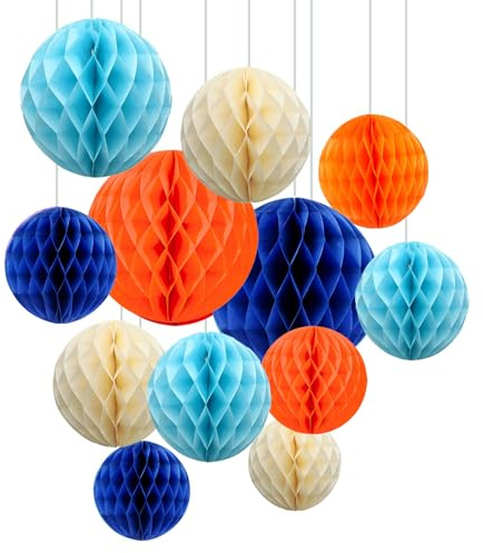 ZYOOO 12pcs Paper Honeycomb Balls, 15/25cm Tissue Paper Hanging Balls for Baby Shower, Birthday, Graduation Decorations (Blue, Orange)
