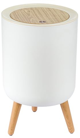 GREENSAPPIRE 9L Slim Waste Bin with Press-Top Lid – Modern Trash Can with Raised Wood-Look Legs, Odour-Reducing & Dog-Proof Rubbish Bin for Bathroom, Bedroom, Kitchen, Office & Living Room (9L Round)
