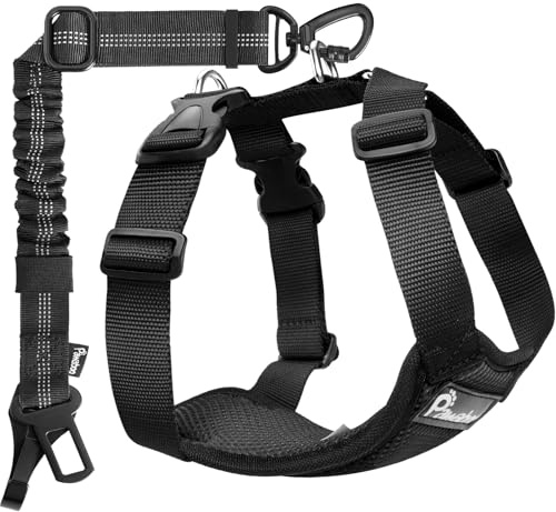Pawaboo Cintura di Sicurezza per Cani da Auto,Imbracatura Cani Auto con Doppia Clip,Giubbotto Traspirante Regolabile&Cinghia Sicurezza con Elastico per Animali Piccola,Media,Grande, L, Nero