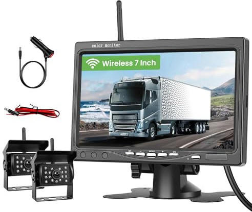 Realdio Kit Cámara Marcha Atrás Inalámbrica 7 IPS, 2 Cámara IP68 | Ángulo Muerto, Cámara de Visión Trasera Impermeable con Visión Nocturna, para RV/Autobús/Camión/Remolque, DC 12-36V