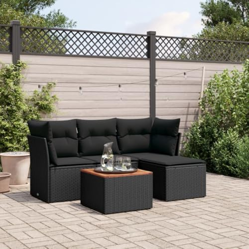 Owoxanthellate Ensemble de 5 canapés de jardin noirs 62 x 62 x 69 cm en polyrotin - Canapé d'angle - Canapé central, table, tabouret - Résistant aux intempéries - Groupe de sièges modulaires pour