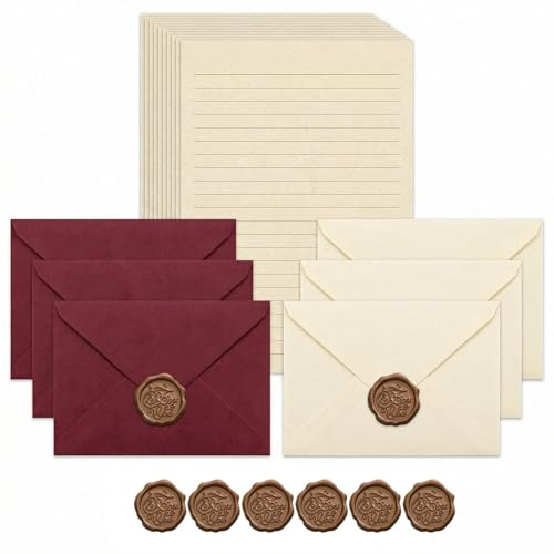 32 PCS Vintage Writing Paper and Envelopes Sets, 20 A5 Kraft Letter Papers 6 Vintage Envelopes and 6 Wax Seals, Letter Writing Set for Gifts Wedding Birthday Greeting Cards, Dark Red and Off-White