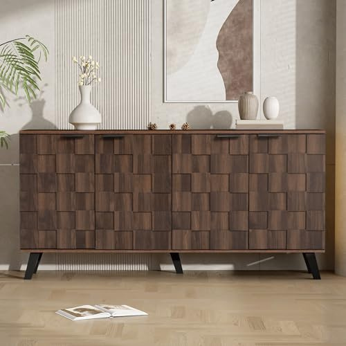 Merax 150cm Sideboard Cabinet, 4 Door Storage Cabinet with Adjustable Shelves, Wooden Buffet Cabinet with Soft Close Hinges, Sideboard Cupboard for Living Room Dining Room Bedroom Hallway, Oak Effect