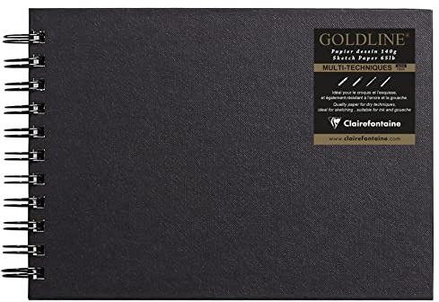 Clairefontaine 34257C Carnet Spiralé Goldline - 64 Feuilles Papier Dessin Blanc - A5 14,8x21 cm 140g - Format Paysage - Couverture Rigide Noire Imitation Toile
